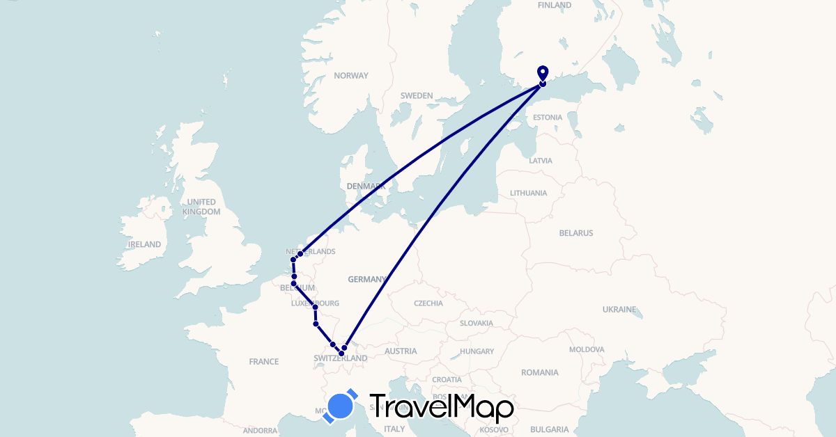 TravelMap itinerary: driving in Belgium, Switzerland, Finland, France, Luxembourg, Netherlands (Europe)